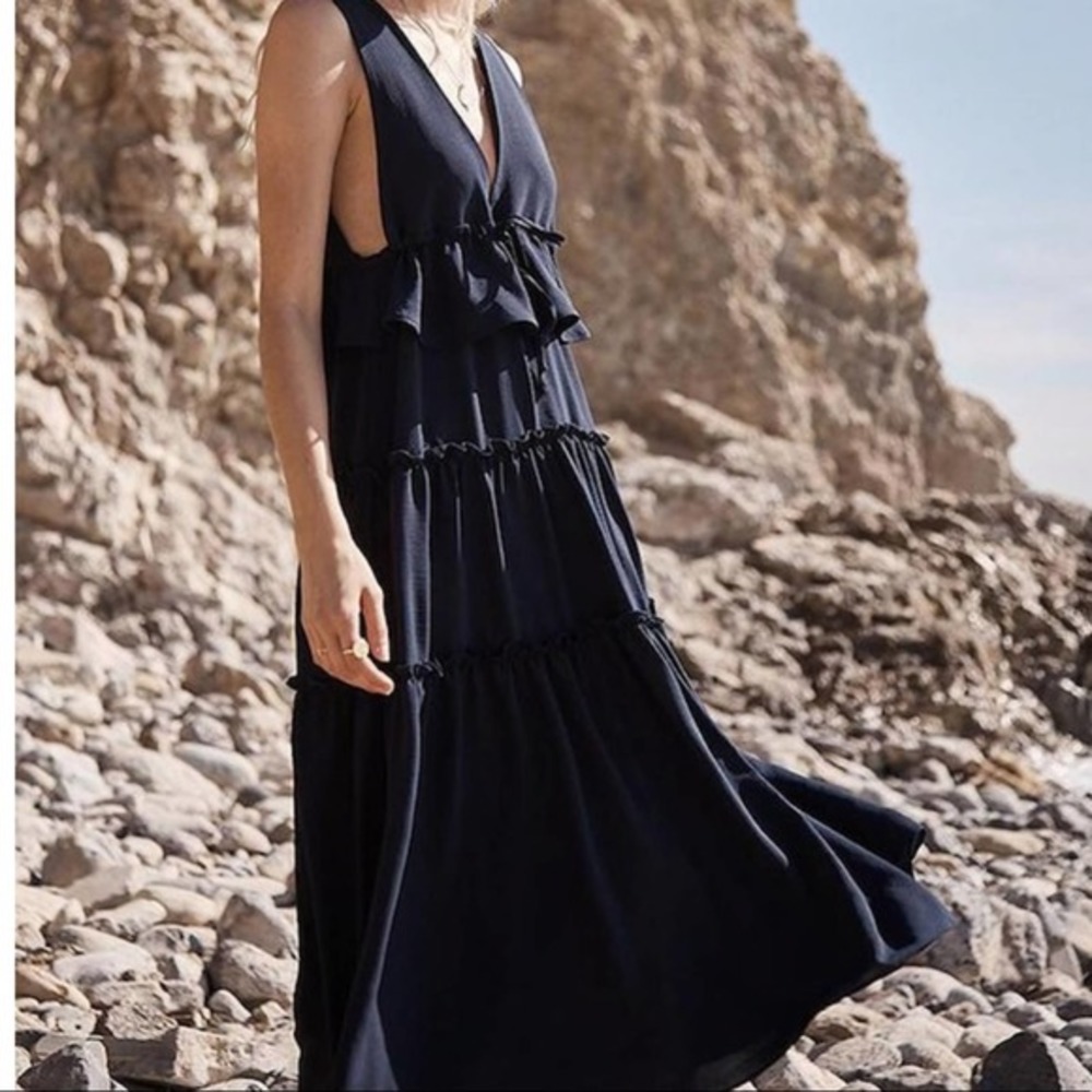 SAGE THE LABEL-Alexandra Tier Midi Dress w/ Tie Front Navy Blue